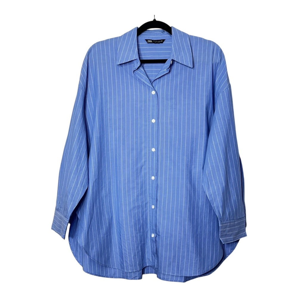 Zara Womens Blue White Pinstripe Oversized Cotton Poplin Button Down Shirt L